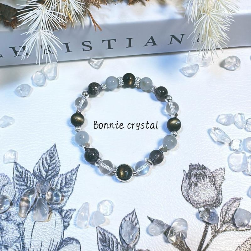 ✨✨ 墨影之心設計手鍊✨✨金曜石、灰藍兔毛、閃靈鑽、白水晶-細節圖2