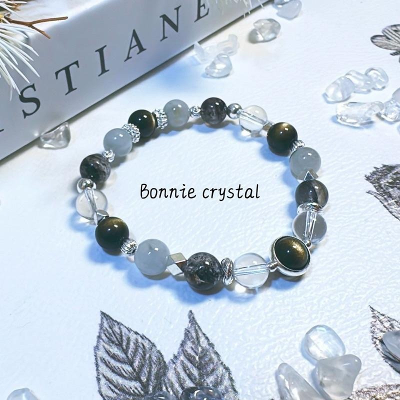 ✨✨ 墨影之心設計手鍊✨✨金曜石、灰藍兔毛、閃靈鑽、白水晶-細節圖4