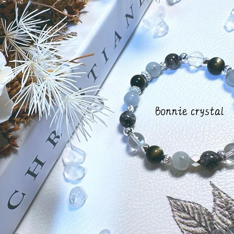 ✨✨ 墨影之心設計手鍊✨✨金曜石、灰藍兔毛、閃靈鑽、白水晶-細節圖5