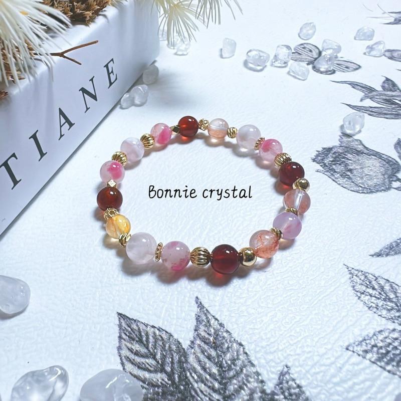 ✨✨ 春絮粉櫻設計手鍊✨✨櫻花雨薔薇輝、雪花幽靈、紅石榴石、橙膠花-細節圖2