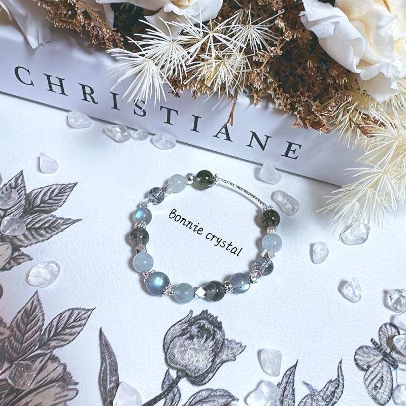✨✨ 灰霧星光設計手鍊✨✨灰拉長石、灰藍兔毛、黑髮晶、羽毛黑極光、綠碧璽髮晶-細節圖2