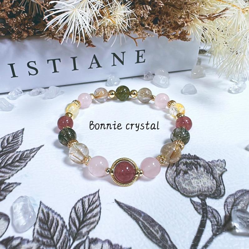 ✨✨ 春日花園設計手鍊✨✨草莓晶、粉晶、金髮晶、綠碧璽髮晶、黃膠花-細節圖2