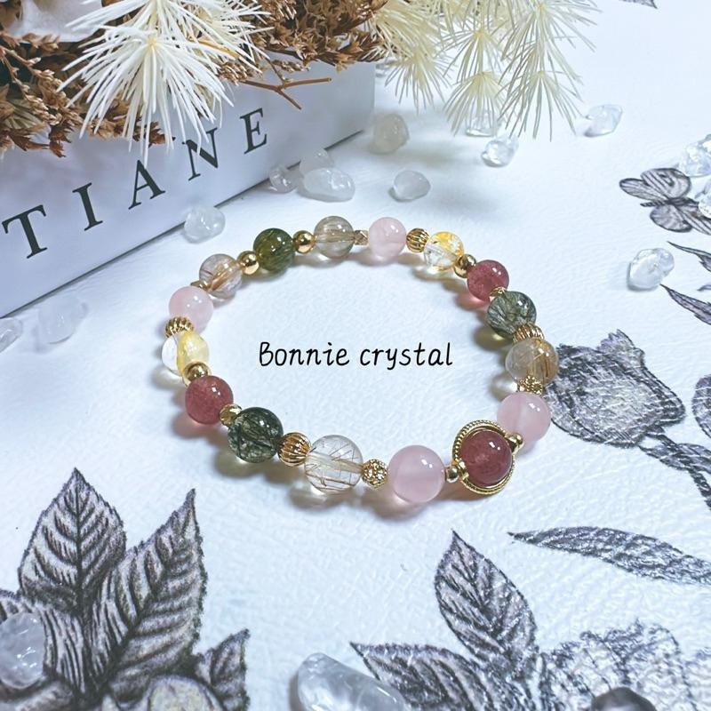 ✨✨ 春日花園設計手鍊✨✨草莓晶、粉晶、金髮晶、綠碧璽髮晶、黃膠花-細節圖4