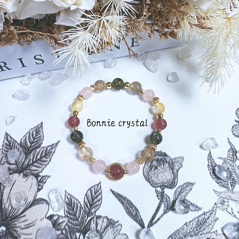 ✨✨ 春日花園設計手鍊✨✨草莓晶、粉晶、金髮晶、綠碧璽髮晶、黃膠花-細節圖5
