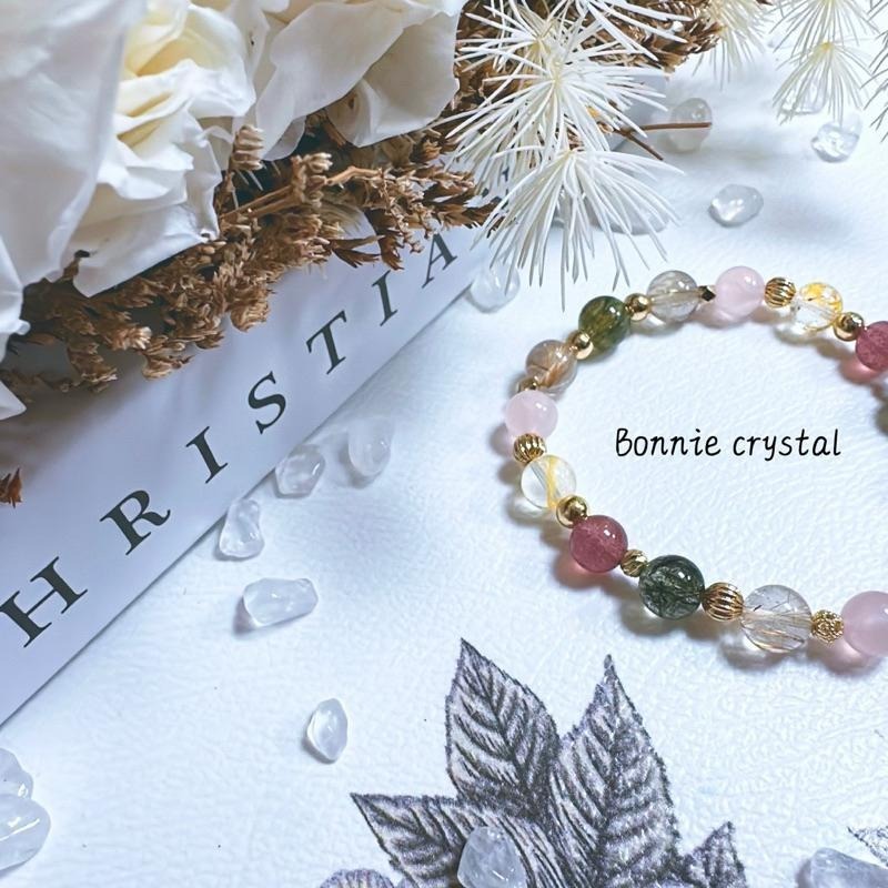 ✨✨ 春日花園設計手鍊✨✨草莓晶、粉晶、金髮晶、綠碧璽髮晶、黃膠花-細節圖3