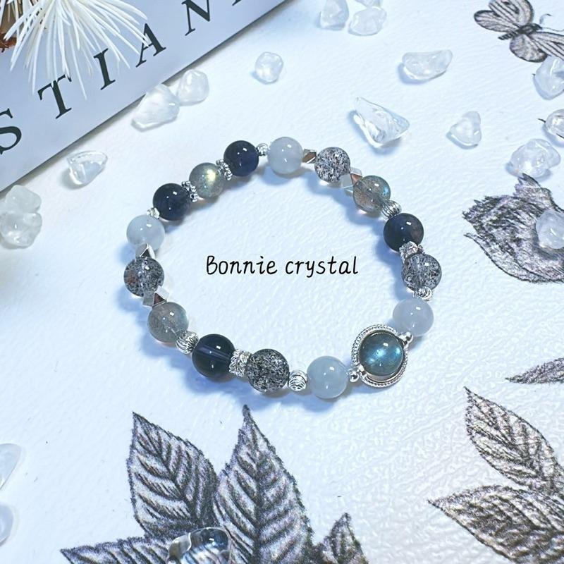 ✨✨ 星辰灰韻設計手鍊✨✨灰拉長石、堇青石、黑草莓晶、灰藍兔毛-細節圖2