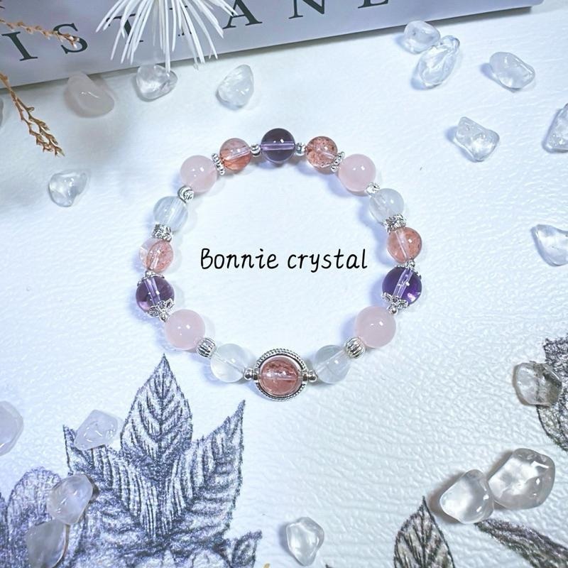 ✨✨ 天使之吻設計手鍊✨✨紅膠花、粉晶、紫水晶、白兔毛-細節圖4