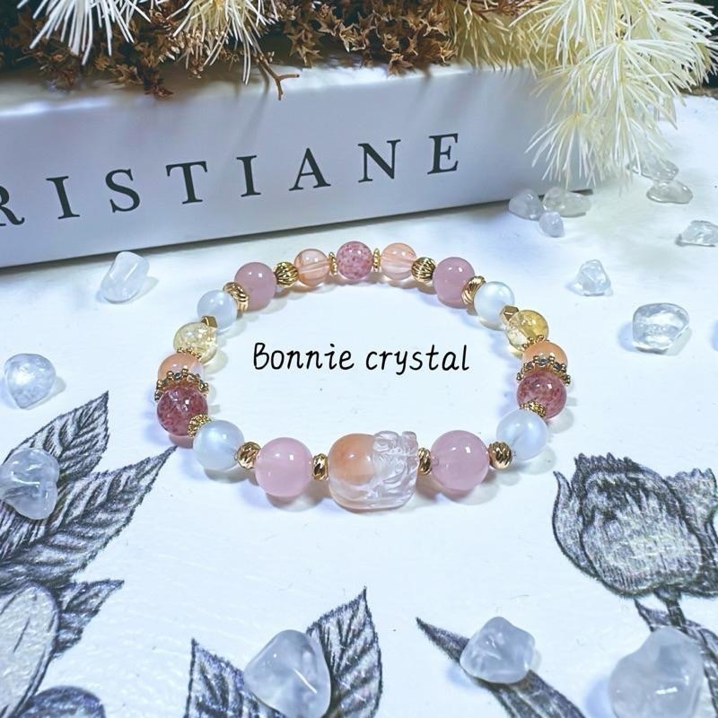 ✨✨ 粉橘蜜糖設計手鍊✨✨橘兔毛貔貅、草莓晶、粉晶、黃阿賽、藍月光-細節圖2