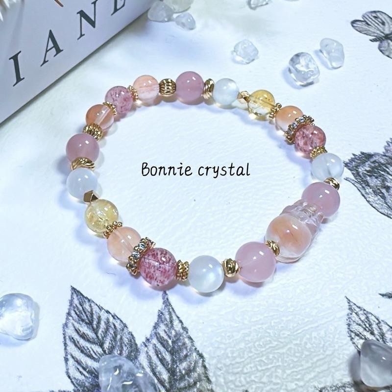 ✨✨ 粉橘蜜糖設計手鍊✨✨橘兔毛貔貅、草莓晶、粉晶、黃阿賽、藍月光-細節圖3