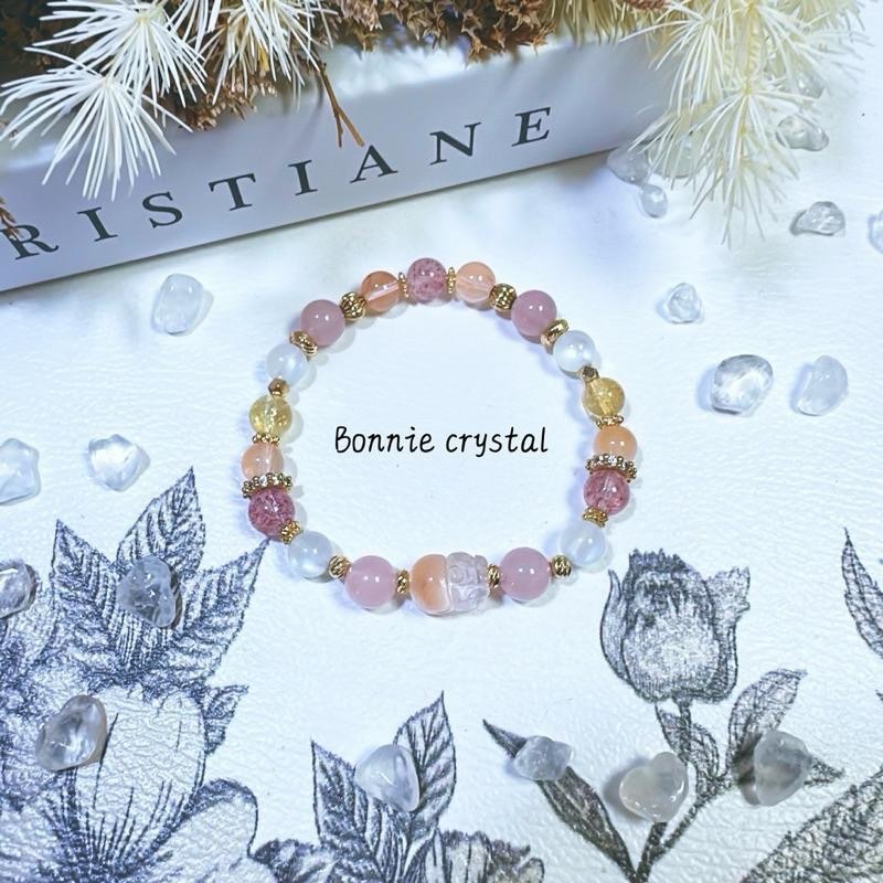 ✨✨ 粉橘蜜糖設計手鍊✨✨橘兔毛貔貅、草莓晶、粉晶、黃阿賽、藍月光-細節圖4