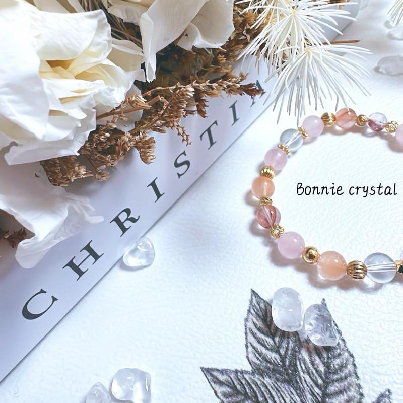 ✨✨ 春日櫻花設計手鍊✨✨粉晶、粉膠花、橘兔毛、白水晶-細節圖5