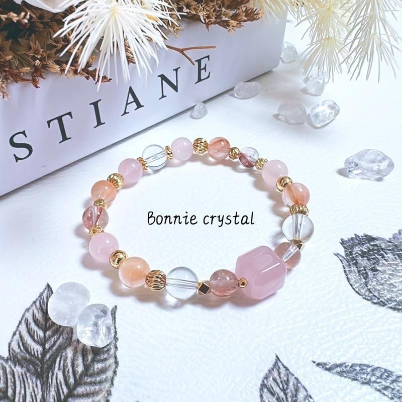 ✨✨ 春日櫻花設計手鍊✨✨粉晶、粉膠花、橘兔毛、白水晶-細節圖3