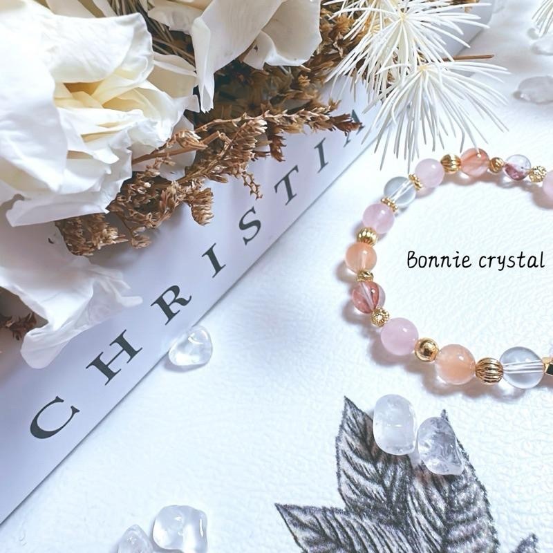 ✨✨ 春日櫻花設計手鍊✨✨粉晶、粉膠花、橘兔毛、白水晶-細節圖5