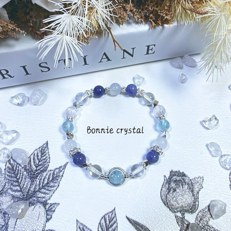 ✨✨ 靛藍之泉設計手鍊✨✨藍托帕石、坦桑石、藍玉髓、透體紫鋰輝、白水晶-細節圖4