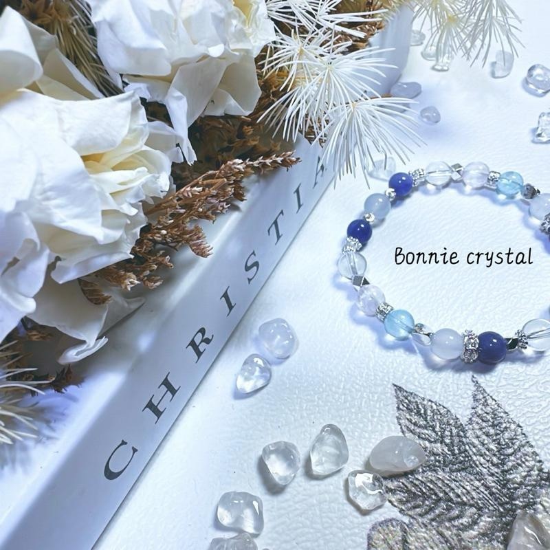 ✨✨ 靛藍之泉設計手鍊✨✨藍托帕石、坦桑石、藍玉髓、透體紫鋰輝、白水晶-細節圖5