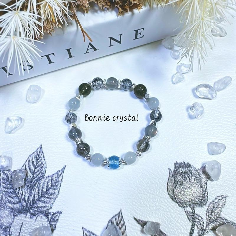 ✨✨ 永恆星空設計手鍊✨✨海藍寶、灰拉長石、灰藍兔毛、黑髮晶、羽毛黑極光、綠碧璽髮晶-細節圖2