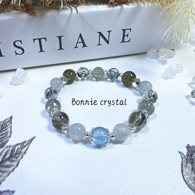 ✨✨ 永恆星空設計手鍊✨✨海藍寶、灰拉長石、灰藍兔毛、黑髮晶、羽毛黑極光、綠碧璽髮晶-細節圖3