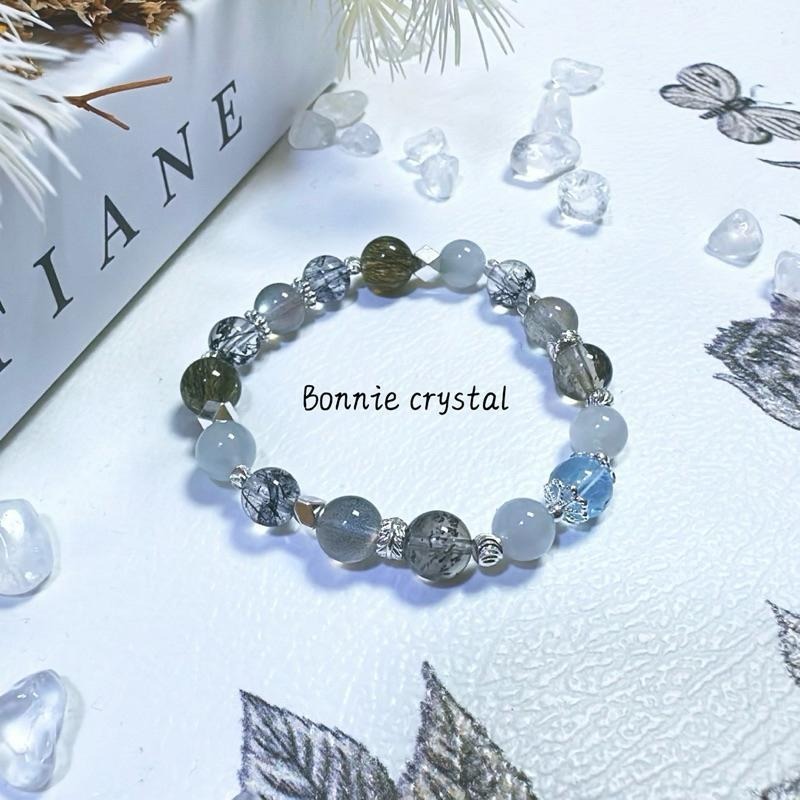 ✨✨ 永恆星空設計手鍊✨✨海藍寶、灰拉長石、灰藍兔毛、黑髮晶、羽毛黑極光、綠碧璽髮晶-細節圖4