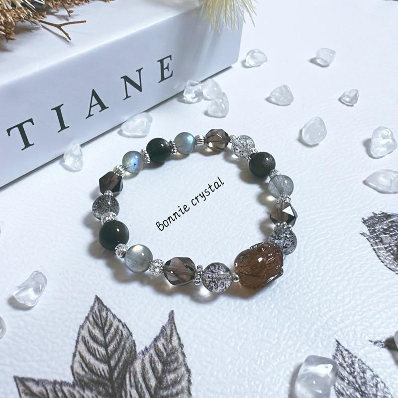 ✨✨ 灰霧摩卡設計手鍊✨✨黑金超、黑金超貔貅、茶晶、灰拉長石、黑草莓晶、銀曜石-細節圖2