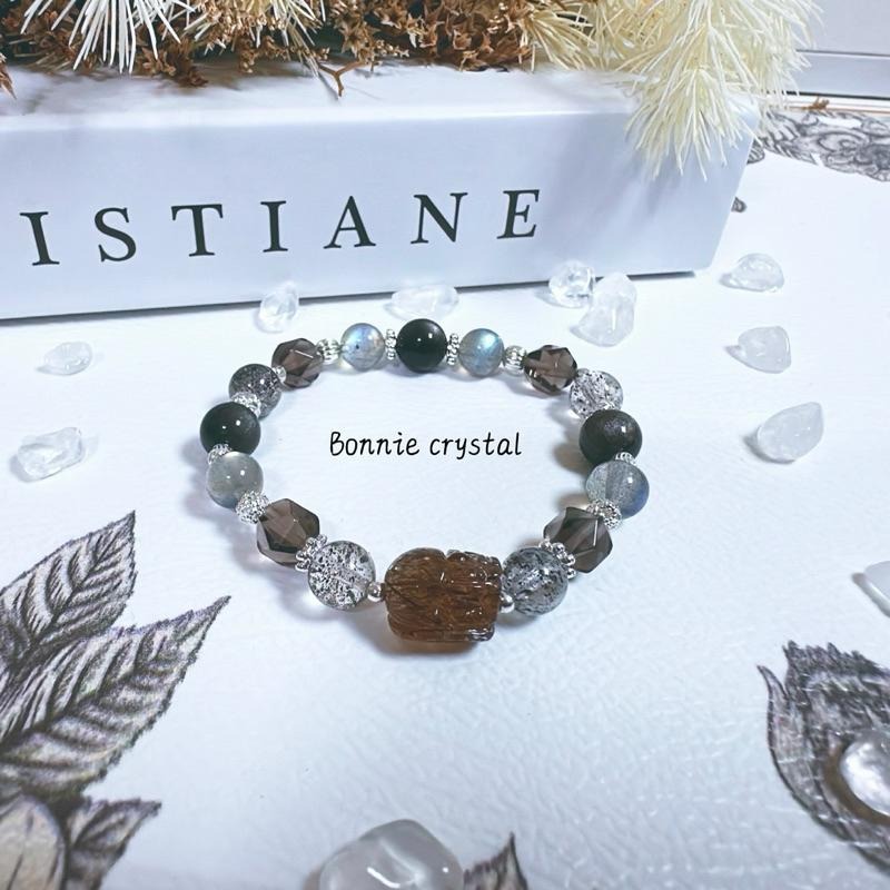 ✨✨ 灰霧摩卡設計手鍊✨✨黑金超、黑金超貔貅、茶晶、灰拉長石、黑草莓晶、銀曜石-細節圖3