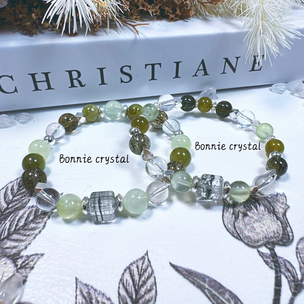 💎森林系水晶手鍊-綠幽靈、綠葡萄石、沙弗萊、綠碧璽髮晶、白水晶-規格圖3