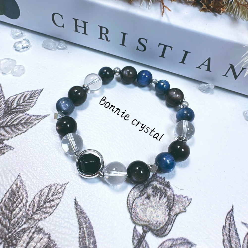 💎藍黑系水晶手鍊-黑曜石、銀曜石、藍晶、白水晶-細節圖2
