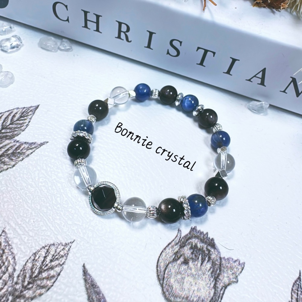 💎藍黑系水晶手鍊-黑曜石、銀曜石、藍晶、白水晶-細節圖3
