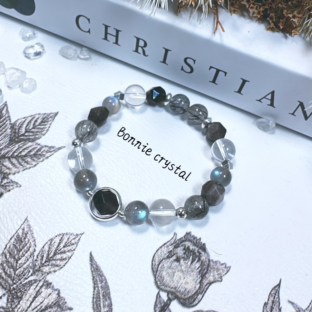 💎灰黑系水晶手鍊-黑髮晶、灰拉長石、黑曜石、白水晶-細節圖2