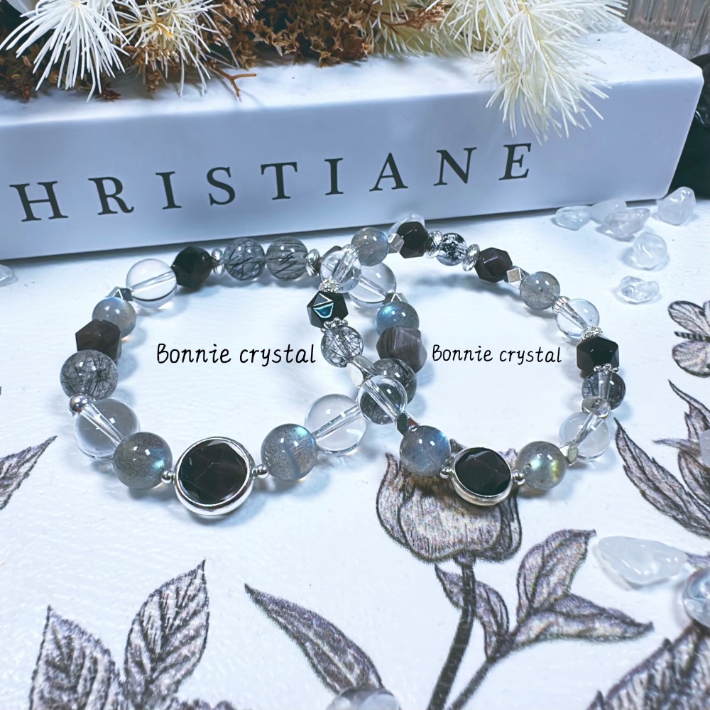 💎灰黑系水晶手鍊-黑髮晶、灰拉長石、黑曜石、白水晶-規格圖3