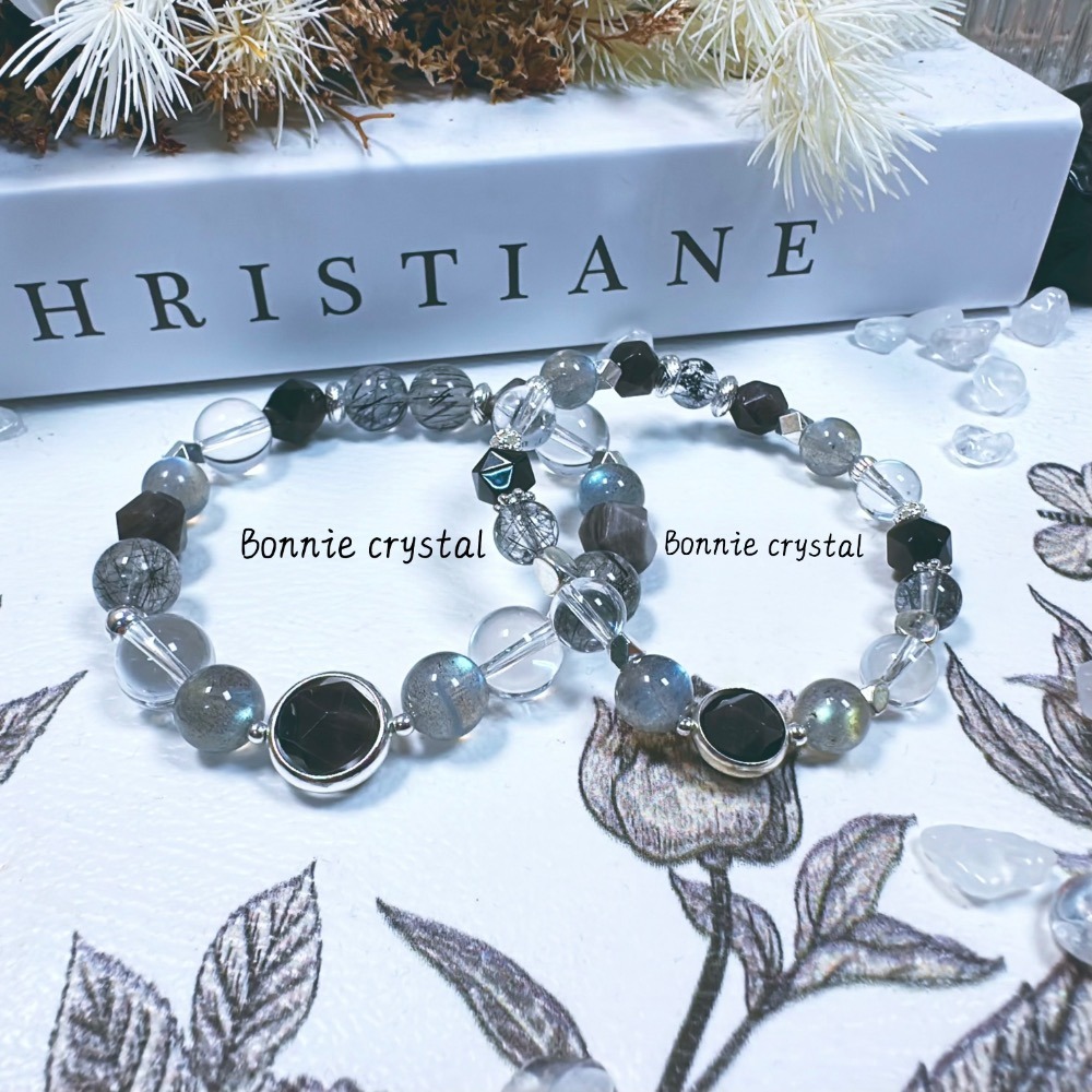 💎灰黑系水晶手鍊-黑髮晶、灰拉長石、黑曜石、白水晶-規格圖3