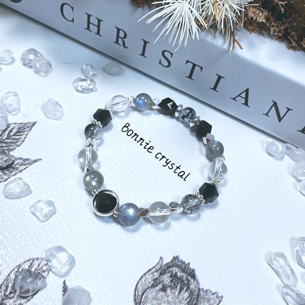 💎灰黑系水晶手鍊-黑髮晶、灰拉長石、黑曜石、白水晶-規格圖3