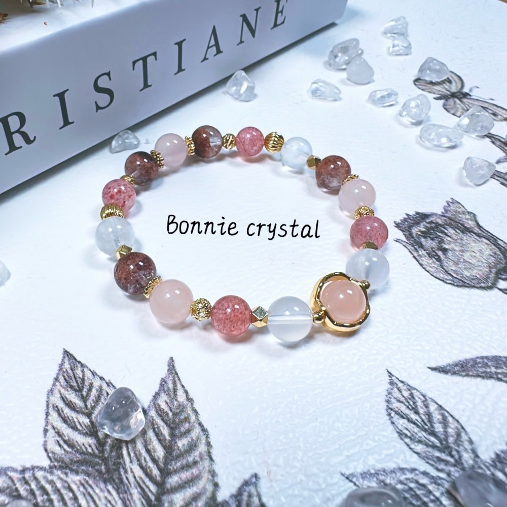 ✨✨ 玫瑰晨露設計手鍊✨✨紅幽靈、草莓晶、粉晶、藍月光-細節圖2