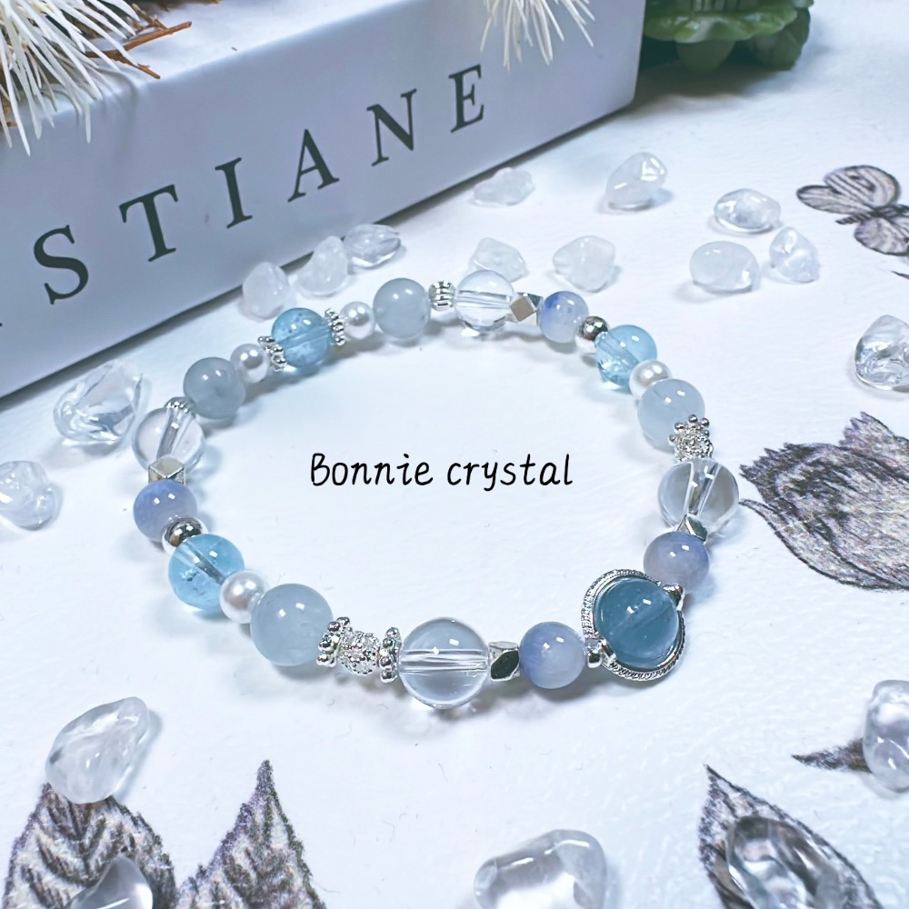 ✨✨ 微風水藍設計手鍊✨✨托帕石、藍線石、藍兔毛、白水晶、珍珠-細節圖3