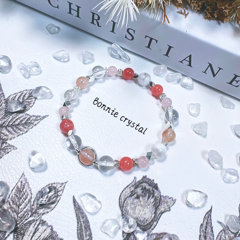 ✨✨ 粉櫻詩韻設計手鍊✨✨粉兔毛、紅紋石、雪花幽靈、粉晶、白水晶-細節圖2