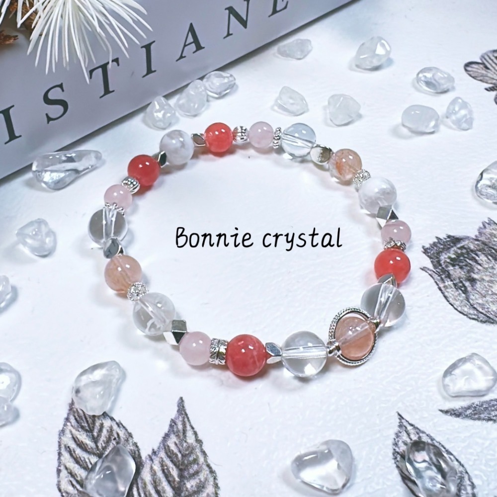 ✨✨ 粉櫻詩韻設計手鍊✨✨粉兔毛、紅紋石、雪花幽靈、粉晶、白水晶-細節圖3