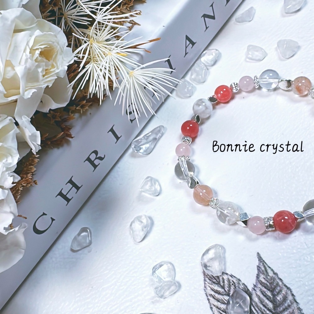 ✨✨ 粉櫻詩韻設計手鍊✨✨粉兔毛、紅紋石、雪花幽靈、粉晶、白水晶-細節圖5
