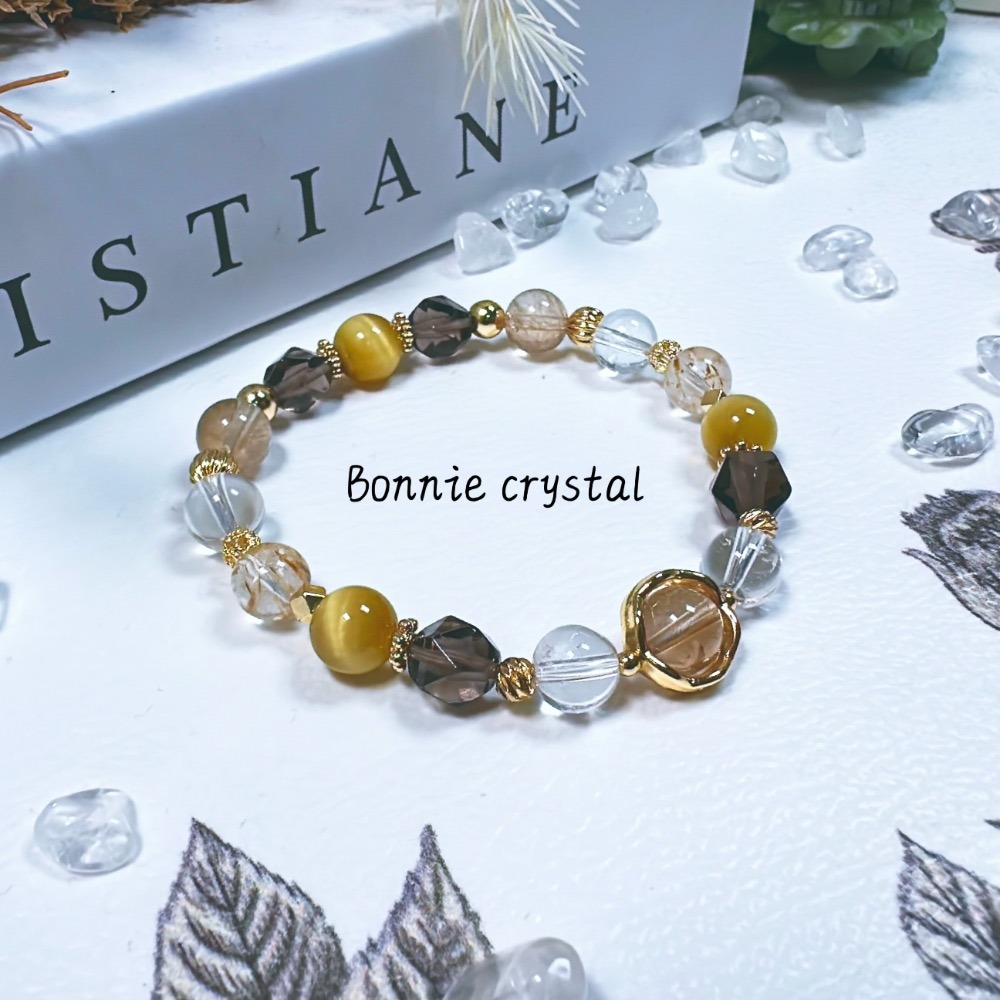 ✨✨ 焦糖暖棕設計手鍊✨✨香檳托帕石、茶晶、金虎眼、羽毛鈦晶、白水晶-細節圖3