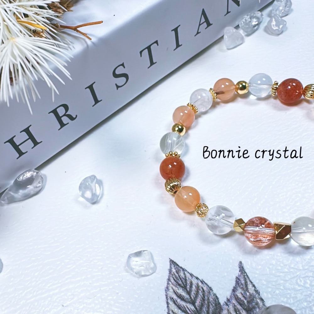 ✨✨ 夕霧橘暉設計手鍊✨✨金太陽、雪花幽靈、橘兔毛、紅膠花、白兔毛-細節圖5