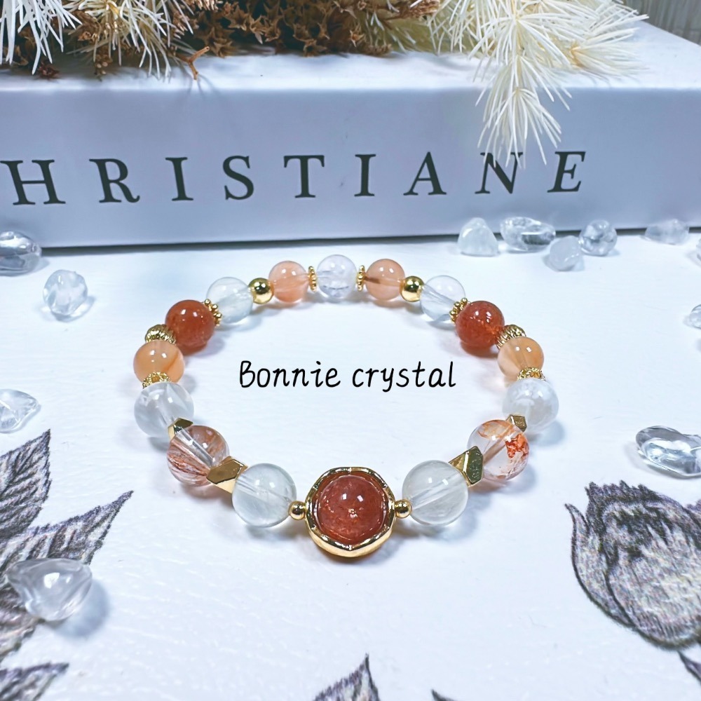 ✨✨ 夕霧橘暉設計手鍊✨✨金太陽、雪花幽靈、橘兔毛、紅膠花、白兔毛-細節圖2