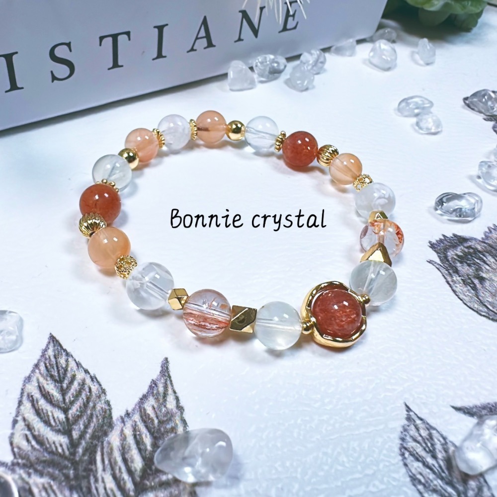 ✨✨ 夕霧橘暉設計手鍊✨✨金太陽、雪花幽靈、橘兔毛、紅膠花、白兔毛-細節圖3