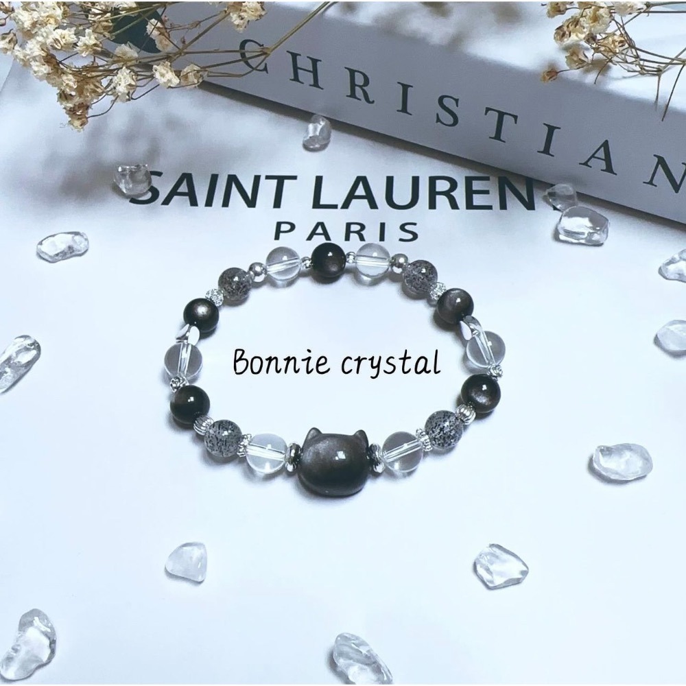 ✨✨暗黑貓咪設計手鍊✨✨銀曜石貓頭、銀曜石、黑草莓晶、白水晶-細節圖2