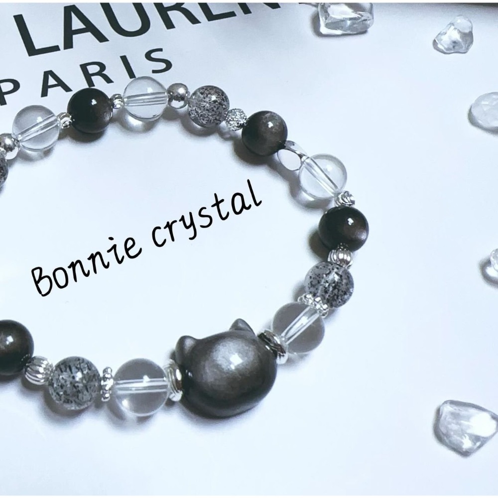 ✨✨暗黑貓咪設計手鍊✨✨銀曜石貓頭、銀曜石、黑草莓晶、白水晶-細節圖3