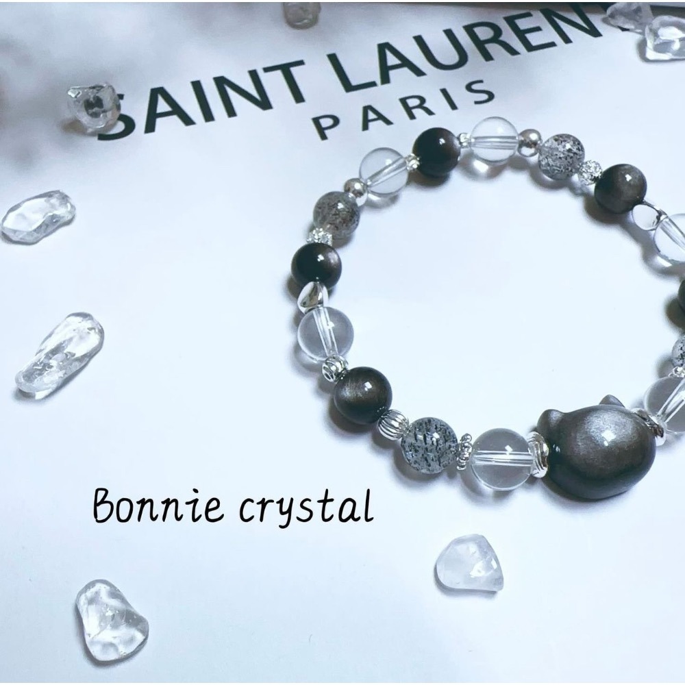 ✨✨暗黑貓咪設計手鍊✨✨銀曜石貓頭、銀曜石、黑草莓晶、白水晶-細節圖4