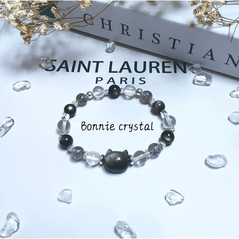 ✨✨暗黑貓咪設計手鍊✨✨銀曜石貓頭、銀曜石、黑草莓晶、白水晶-細節圖2