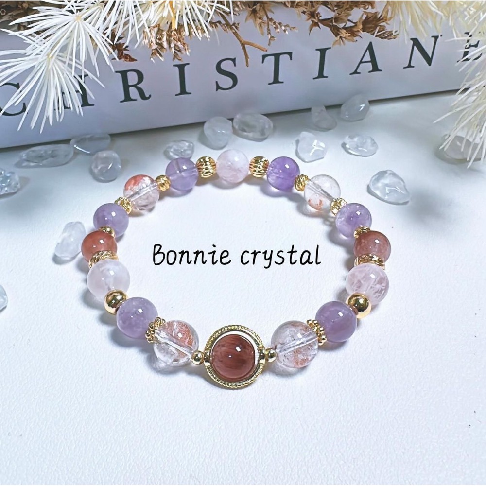 ✨✨ 紫悦花韻設計手鍊✨✨粉紫兔毛、薰衣草紫水晶、紅膠花、雪花幽靈-細節圖4