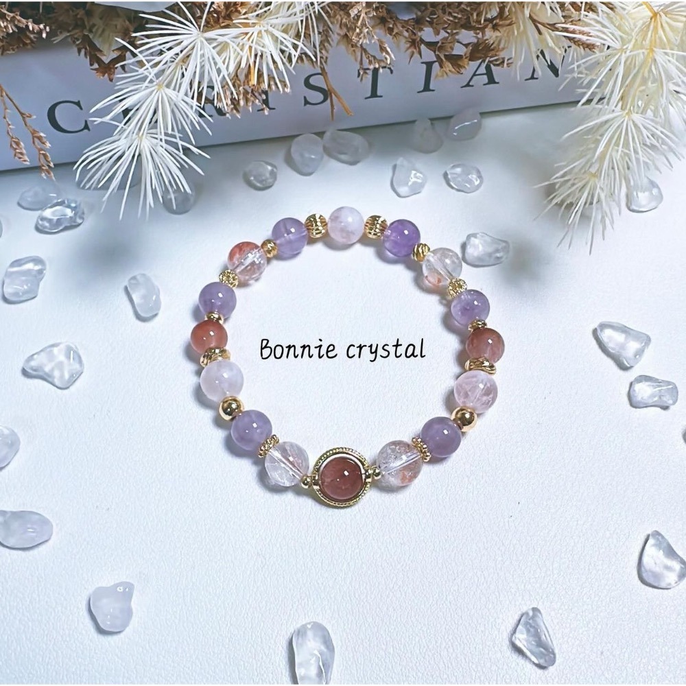 ✨✨ 紫悦花韻設計手鍊✨✨粉紫兔毛、薰衣草紫水晶、紅膠花、雪花幽靈-細節圖2