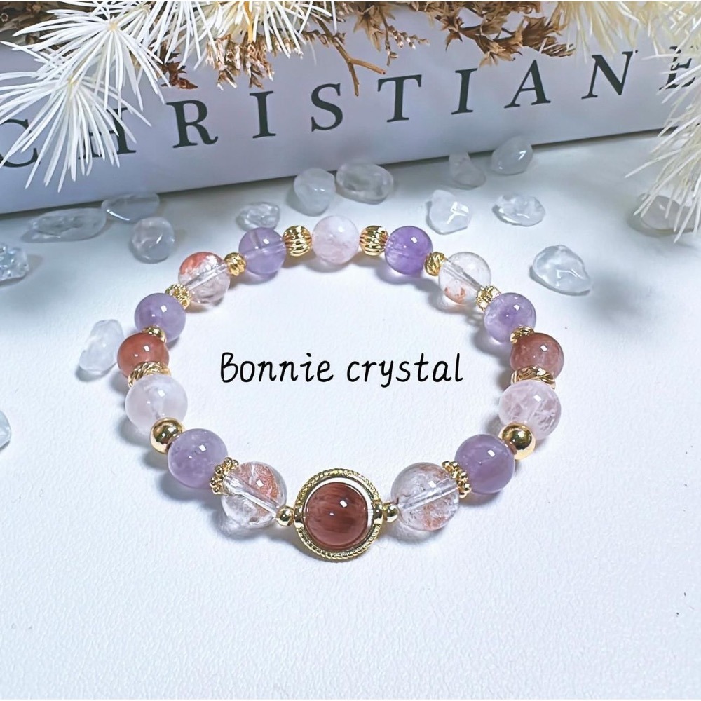 ✨✨ 紫悦花韻設計手鍊✨✨粉紫兔毛、薰衣草紫水晶、紅膠花、雪花幽靈-細節圖4