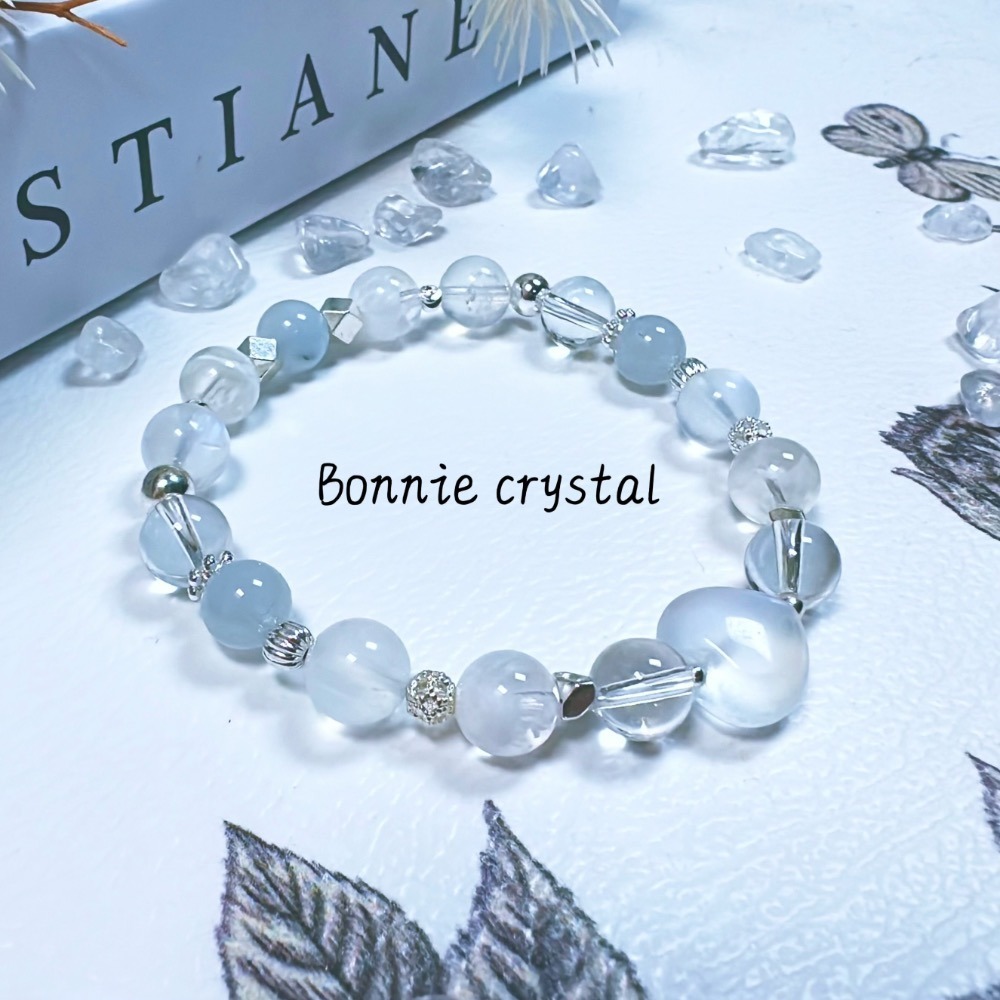 ✨✨ 皎月冰霜設計手鍊✨✨藍月光、雪花幽靈、灰藍兔毛、白水晶-細節圖3
