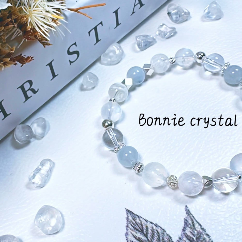 ✨✨ 皎月冰霜設計手鍊✨✨藍月光、雪花幽靈、灰藍兔毛、白水晶-細節圖5