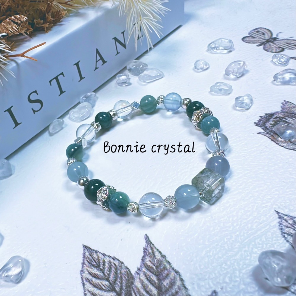 ✨✨ 碧藍晨曦設計手鍊✨✨綠幽靈方塊、孔雀綠磷灰、綠幽靈、藍綠晶、綠瑩石、白水晶-細節圖4
